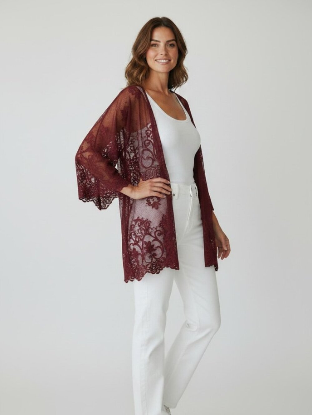 Beautiful Wine Color Sheer Lace Hi-Low Topper One Size fits all